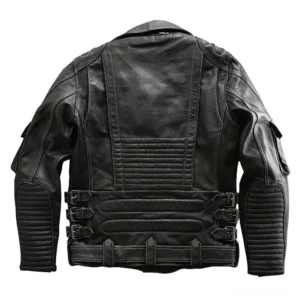 Black genuine leather gothic motorcycle jacket rear view, padded back panel, waist adjustment buckles, contrast stitching details, flat lay product shot