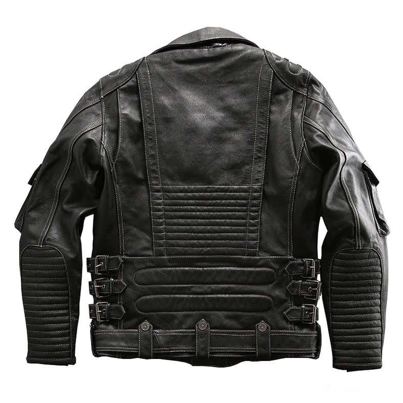 Black genuine leather gothic motorcycle jacket rear view, padded back panel, waist adjustment buckles, contrast stitching details, flat lay product shot