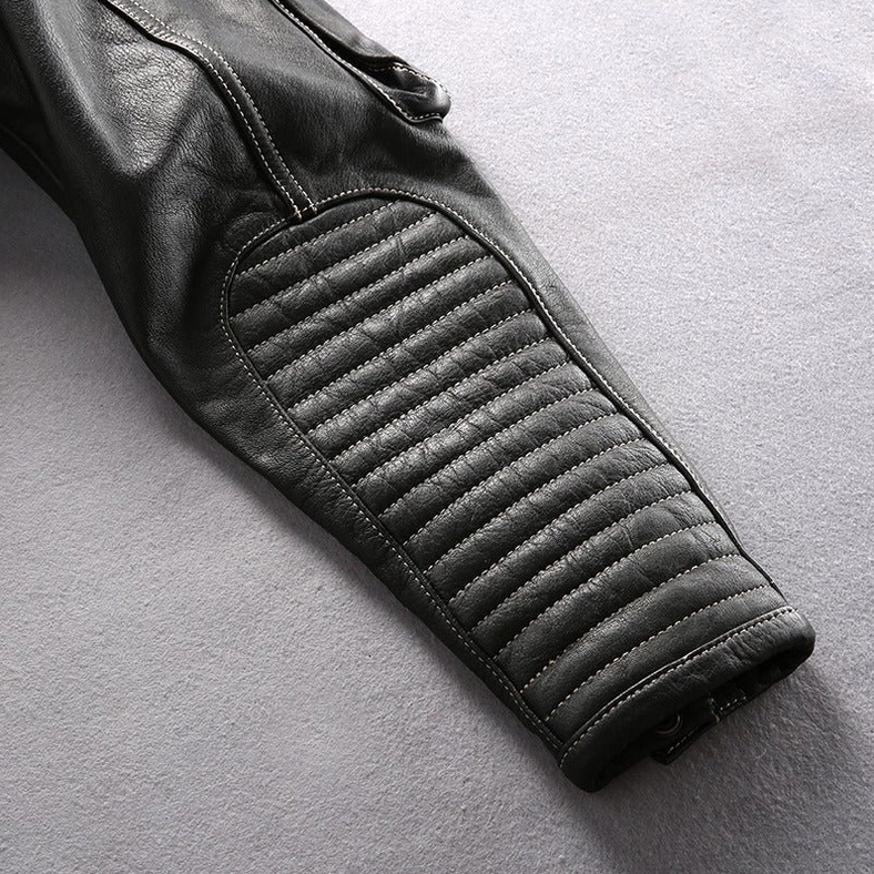 Black genuine leather gothic motorcycle jacket, alternative detail angle showing jacket construction and hardware