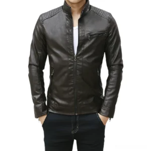 Men's gothic stand collar PU leather motorcycle jacket worn by male model, dark brown finish with multi-zipper design and quilted shoulder details, front three-quarter view