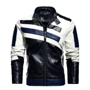 Navy blue and black color-block PU motorcycle jacket, front view showcasing architectural color-blocking design