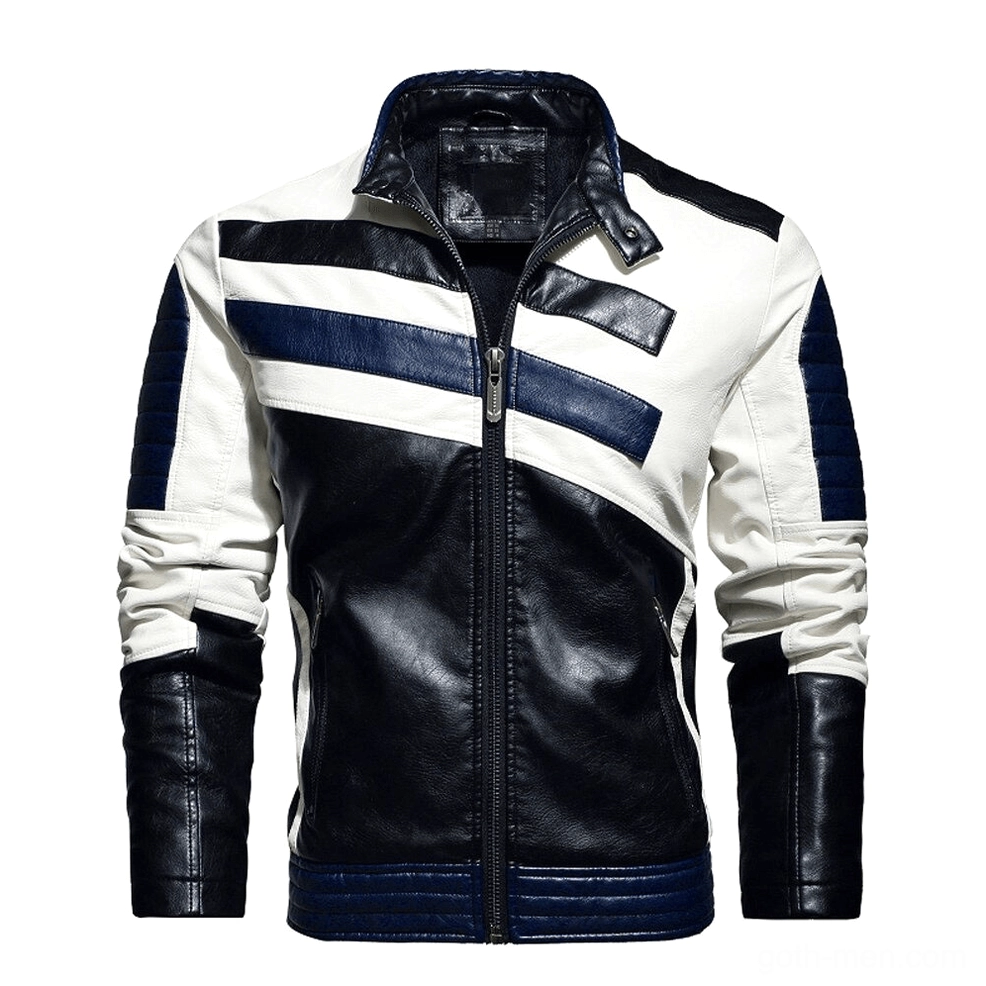 Navy blue and black color-block PU motorcycle jacket, front view showcasing architectural color-blocking design