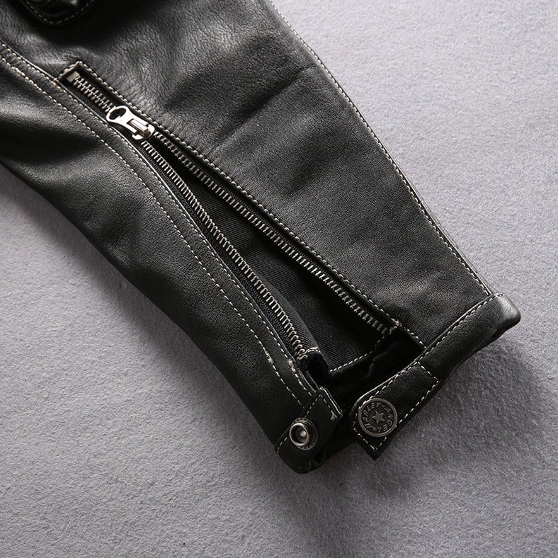 Black genuine leather gothic motorcycle jacket, iron rivet and stitching detail, industrial gothic aesthetic elements