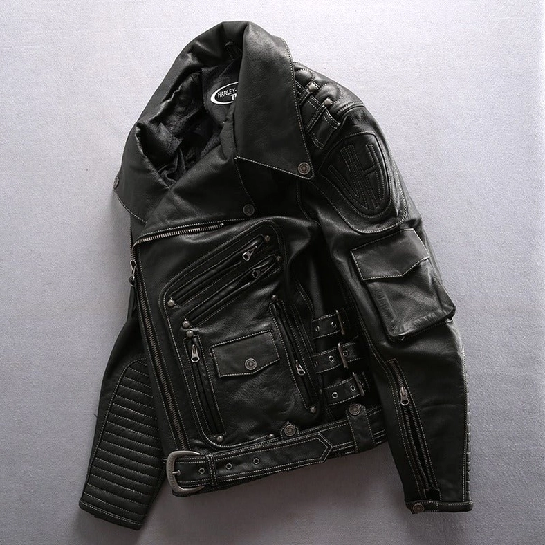 Black genuine leather gothic motorcycle jacket side three-quarter view, multiple zippered pockets, adjustable waist belt, functional pocket placement