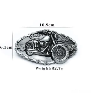 Vintage silver motorcycle-shaped metal buckle with decorative detailing and chain border, overhead flat lay view showing buckle specifications