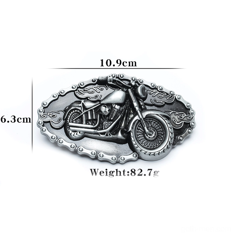 Vintage silver motorcycle-shaped metal buckle with decorative detailing and chain border, overhead flat lay view showing buckle specifications