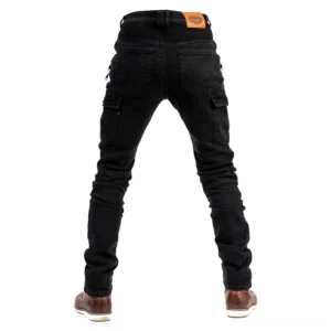 Black tactical motorcycle trousers rear view with branded waist tag and ribbed waistband