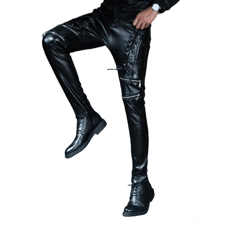 Gothic lace-up faux leather motorcycle pants with side zipper accents, dynamic angled view of glossy black leather and slim silhouette