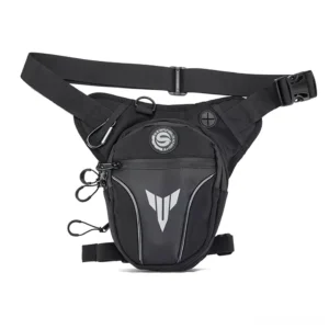 Gothic waterproof motorcycle leg waist bag in black with silver branding, flat studio view showing zippered pockets and adjustable straps