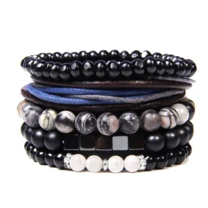 Dark mystique multi-layer gothic bracelet set featuring natural stone beads with rhinestone spacers and vintage leather braiding, handmade design perfect for alternative fashion and goth styling