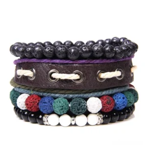 Multi-strand gothic bracelet set featuring natural stone beads, vintage leather, and woven cords in mixed dark tones - handmade beaded bracelets for alternative fashion