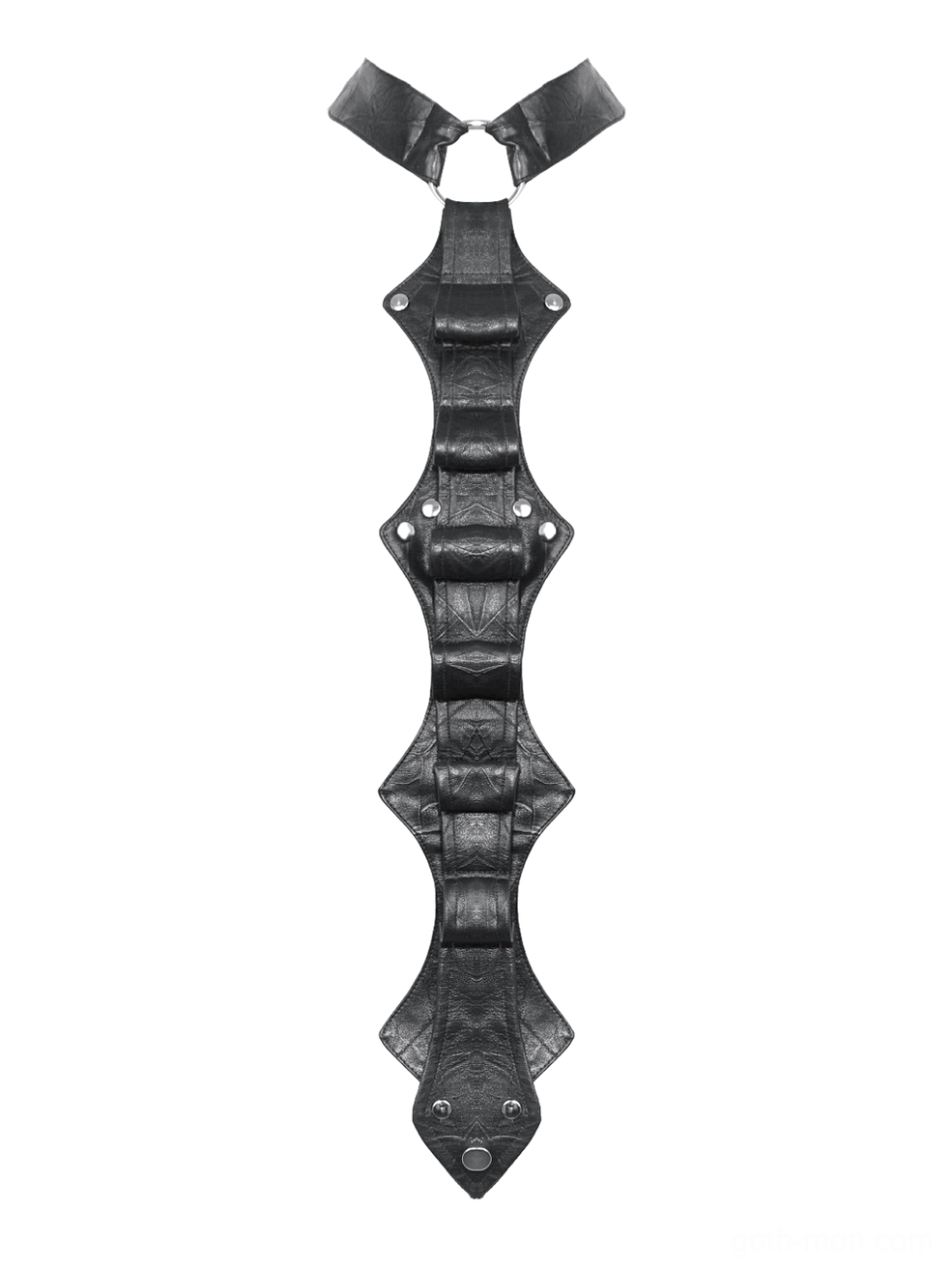 Flat lay front view of black faux leather gothic neck harness showing silver rivet details and segmented construction