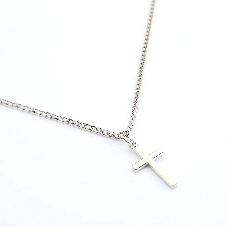 Single silver gothic chain with cross pendant showing polished metal link detail - side angle view