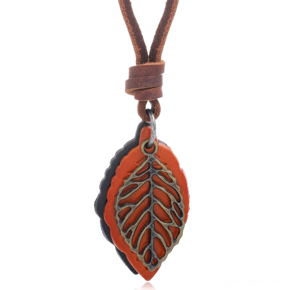 Single layered gothic leaf pendant necklace in orange and black leather with hollow alloy leaf design - camel color variant
