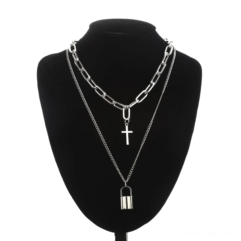 Two-piece silver gothic necklace set with square padlock and cross pendant displayed on mannequin