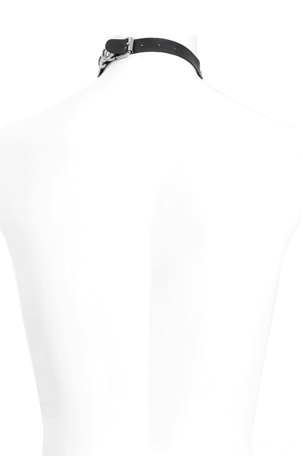 Back view of gothic necktie choker on mannequin displaying adjustable buckle strap and black leather construction