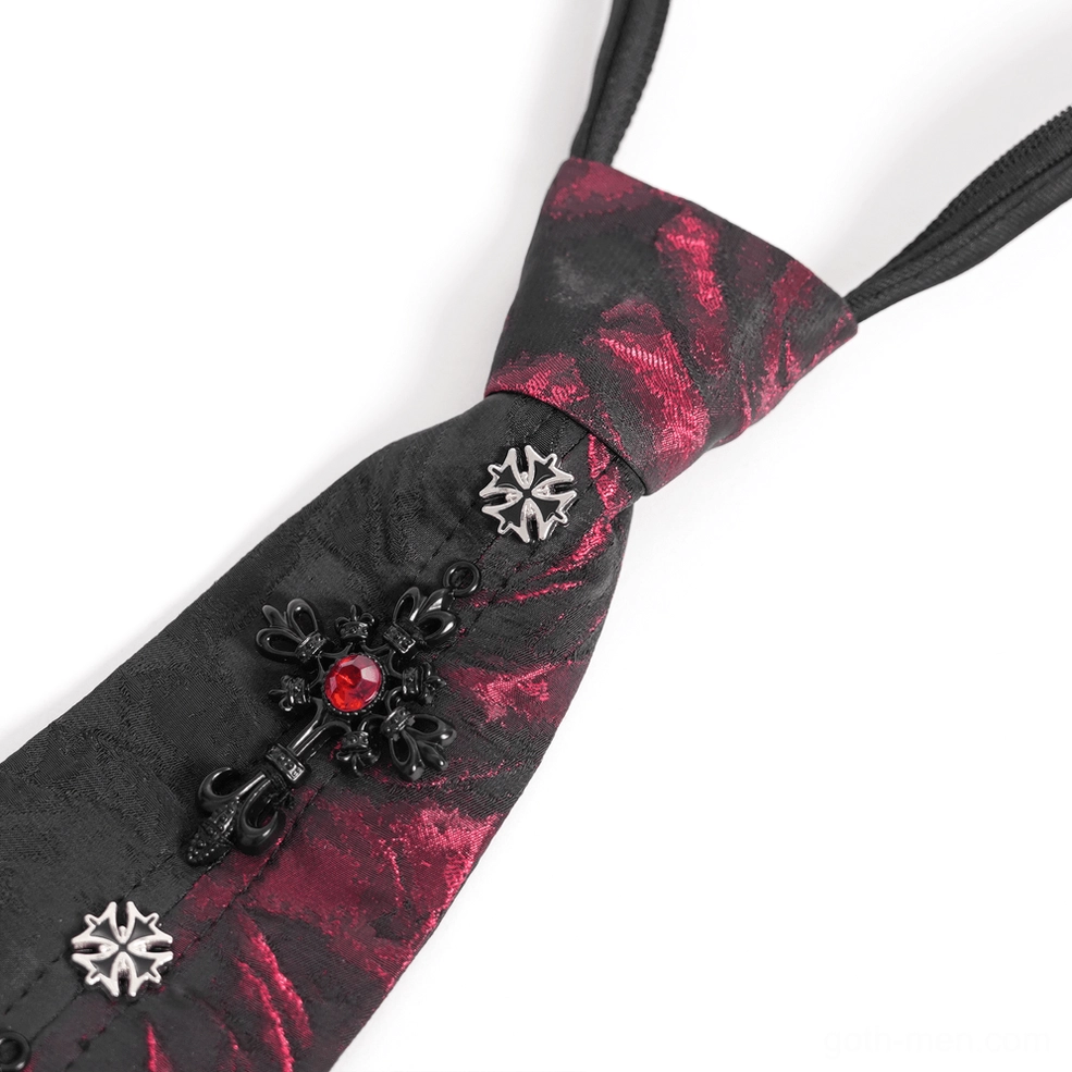Back view of gothic red-black floral necktie on mannequin, displaying elastic wearing strap and front decorative crystal adornments