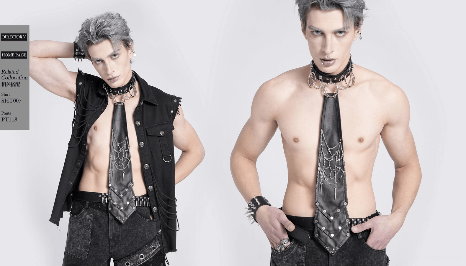 Detailed view of gothic necktie chain work and studded decoration from alternative fashion accessory