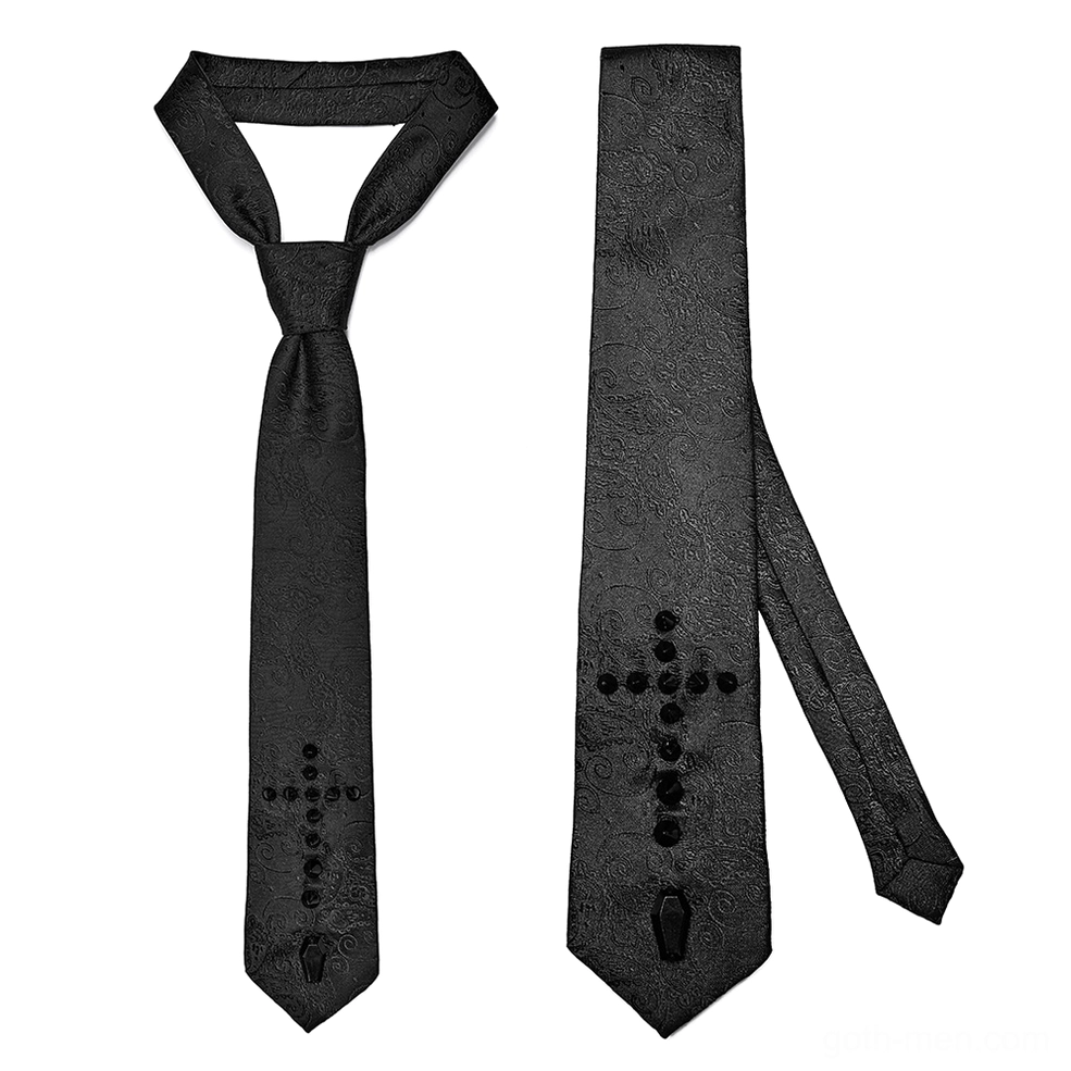Gothic jacquard necktie flat lay dual view showing front and back of black tie with cross embellishment and coffin-shaped bottom charm pendant