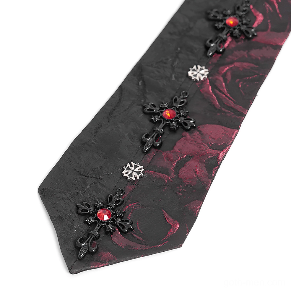 Black and red rose jacquard gothic necktie on mannequin, slim silhouette side hanging view showcasing fabric texture