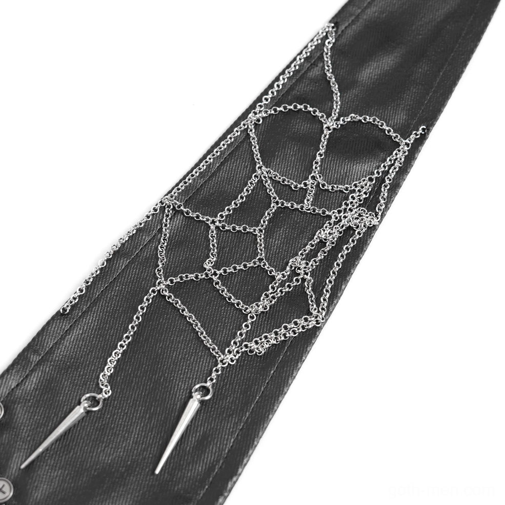 Flat lay close-up of silver spider web chains and metal spike pendants from gothic necktie design