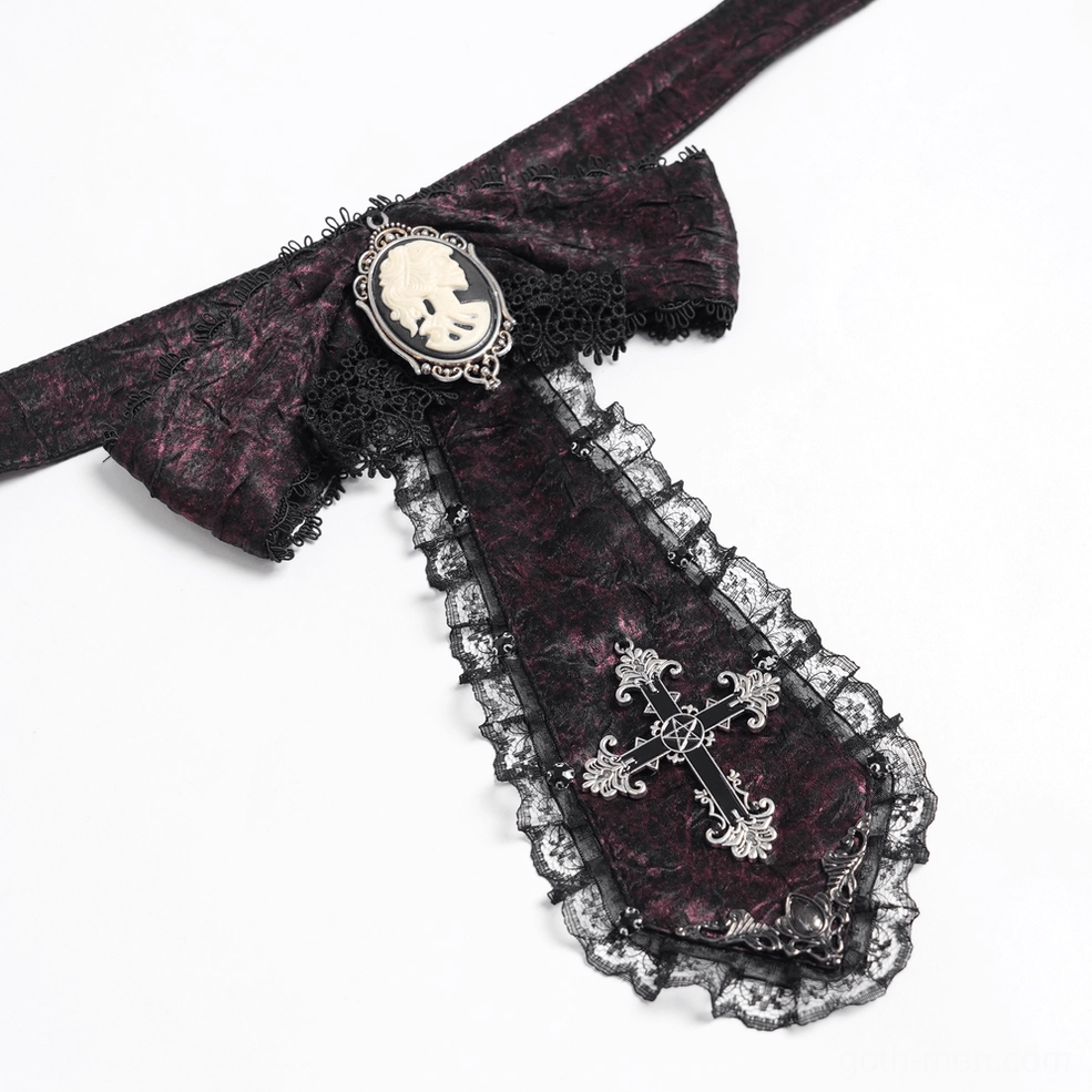 Flat lay top-down view of burgundy Gothic cameo cravat with textured lace borders