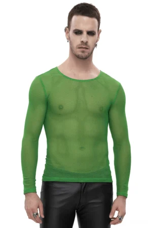 Men's neon green mesh long sleeve gothic top front view on model with black leather pants