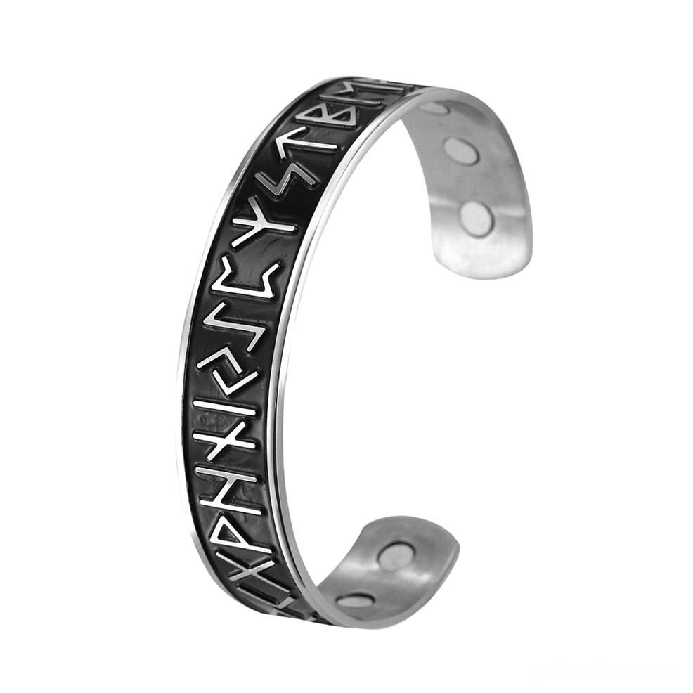 Nordic rune open cuff bracelet in black and silver stainless steel with enamel-filled rune design, side top view