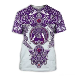 Norse Rune Celtic Wolf 3D Gothic T-Shirt front view with purple and gray Vegvisir design on white unisex tee