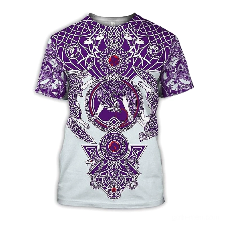 Norse Rune Celtic Wolf 3D Gothic T-Shirt front view with purple and gray Vegvisir design on white unisex tee