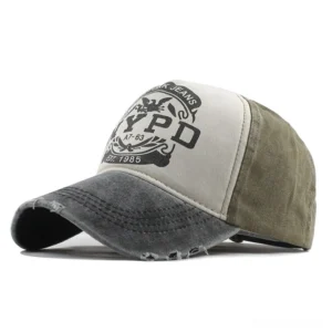 Black and gray distressed gothic 5-panel baseball cap with NYPD print, vintage snapback style with frayed brim