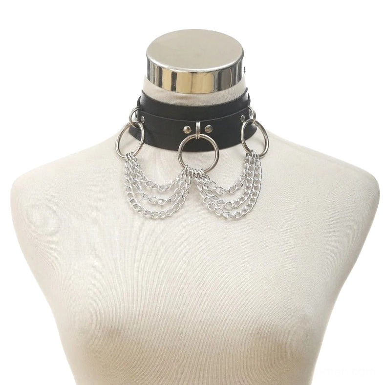 Gothic O-ring chain choker worn on mannequin neck front close-up view with silver chains