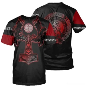Back view of Norse mythology gothic tee featuring Odin raven Celtic knot design