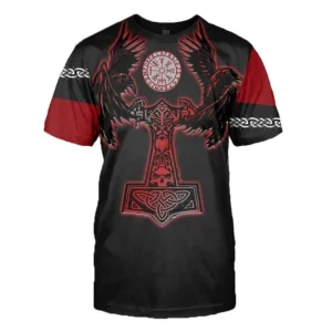 Black Norse raven gothic t-shirt with Odin and Celtic knot 3D print front view