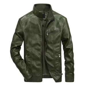 Men's olive green gothic leather biker jacket featuring stand collar and chest zipper pocket details