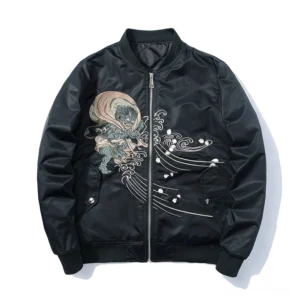 Black oni demon embroidered bomber jacket front view - Japanese folklore-inspired gothic streetwear with satin finish
