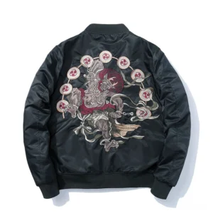 Oversized black bomber jacket rear view - large demon embroidery with traditional Japanese oni motif and ribbed knit trims