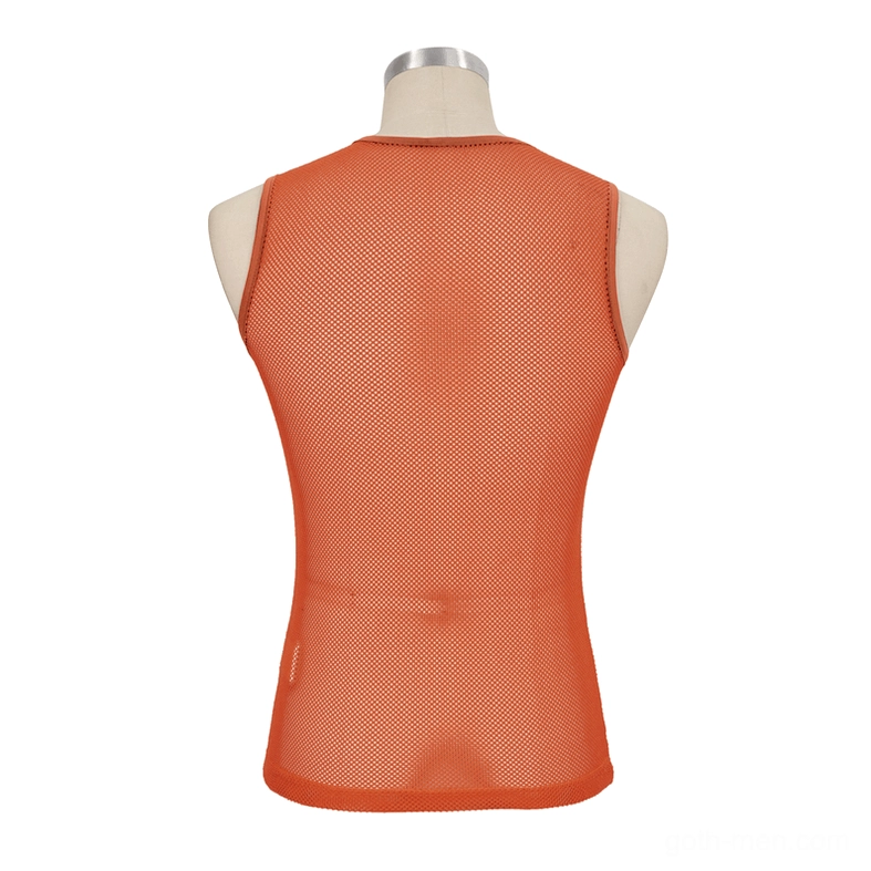 Orange mesh tank top back flat lay - see-through polyamide shirt showing clean hemline