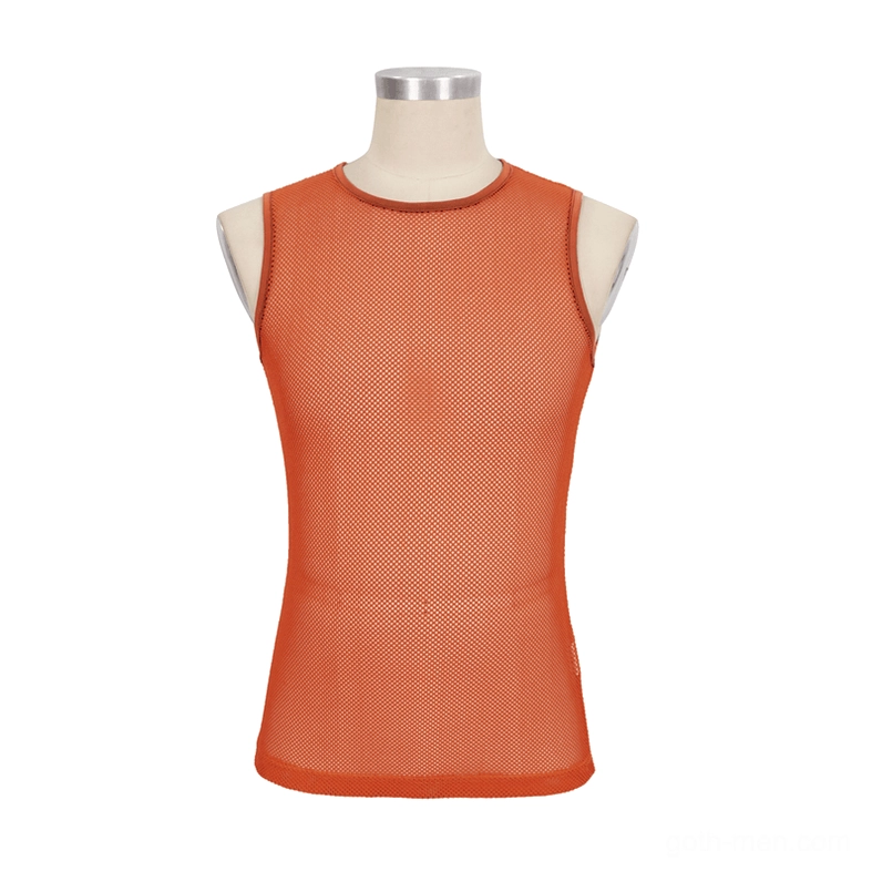 Orange mesh tank top flat lay front - sleeveless see-through gothic shirt on display mannequin