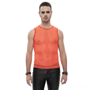 Gothic orange mesh tank top front view on male model - see-through sleeveless shirt with round neck