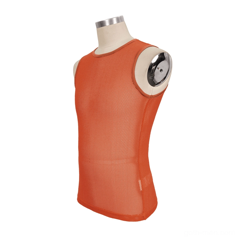 Men's orange mesh tank side view - slim fit sleeveless design with transparent knit fabric