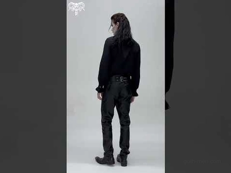 Full all-black gothic outfit styled with embossed leather pants, shot from rear showing complete alternative fashion ensemble