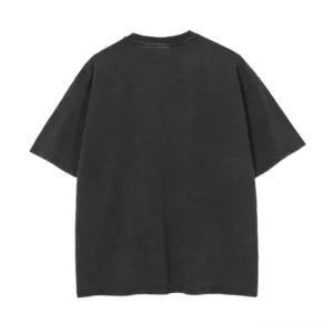 Back view of washed black oversized gothic graphic t-shirt with plain back design and crew neckline