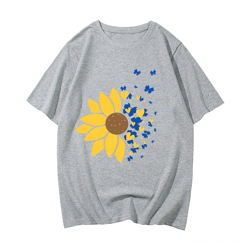Heather grey oversized cotton tee with yellow sunflower and blue pattern, alternative fashion
