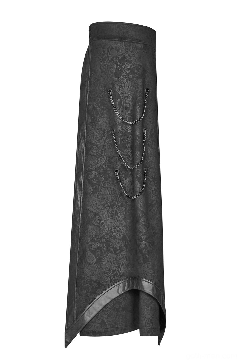 Side flat display of gothic overskirt showing triple metal chain accents and asymmetric hem
