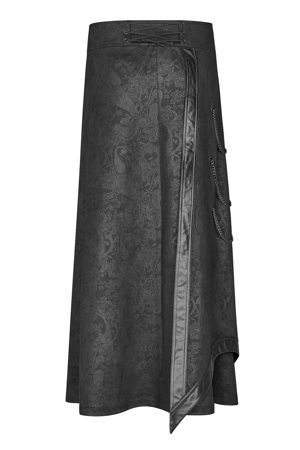 Gothic overskirt side profile highlighting damask fabric and leather trim details
