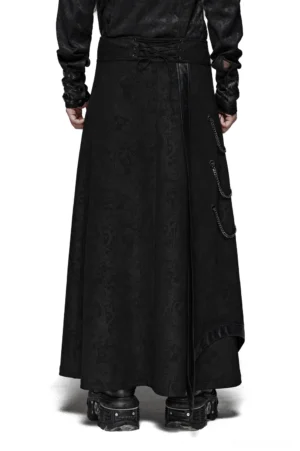 Gothic men's long overskirt with side chain accents and asymmetric hem - back full-body view