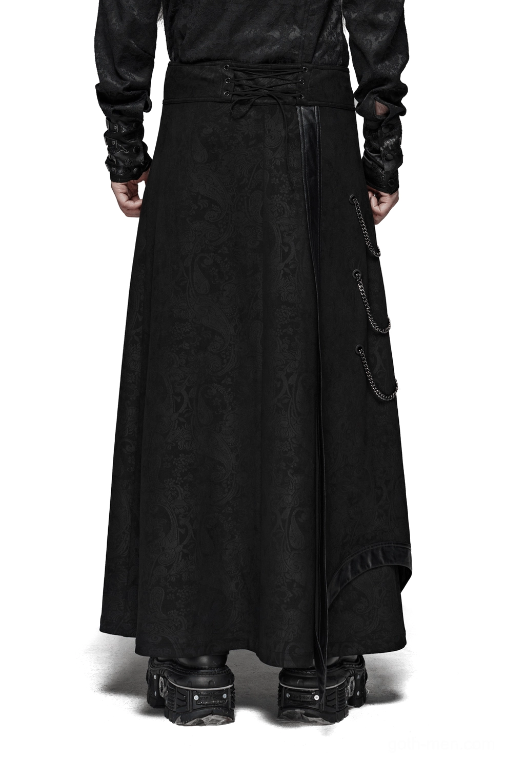 Gothic men's long overskirt with side chain accents and asymmetric hem - back full-body view