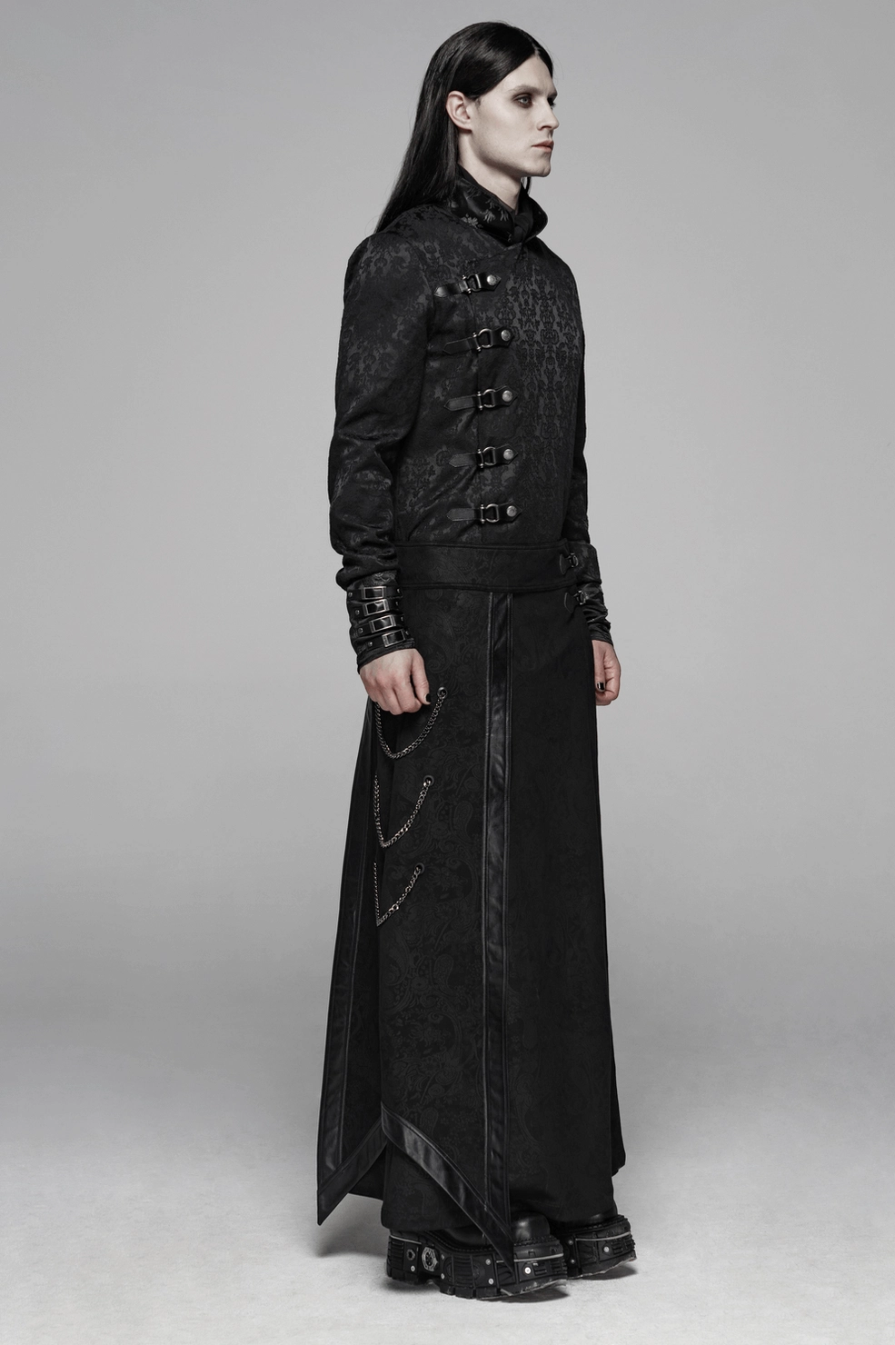 Detail view of gothic overskirt PU leather trim and metal buckle fastening system