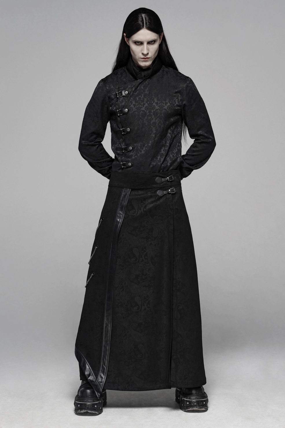 Gothic overskirt styled on model with asymmetric hemline and side chain accents